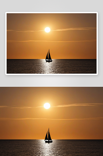 传统木制单桅帆船剪影日落图片