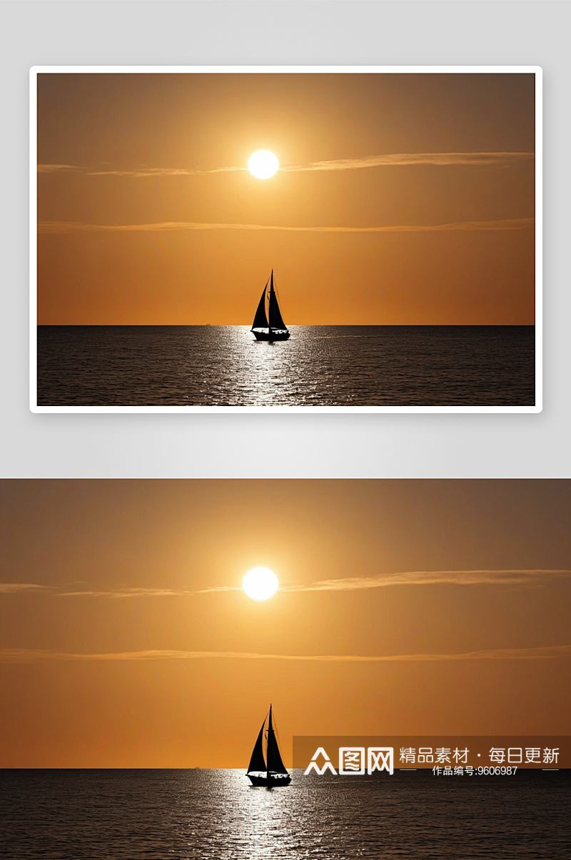 传统木制单桅帆船剪影日落图片素材