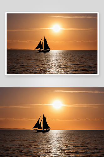 夕阳下传统木帆船剪影图片