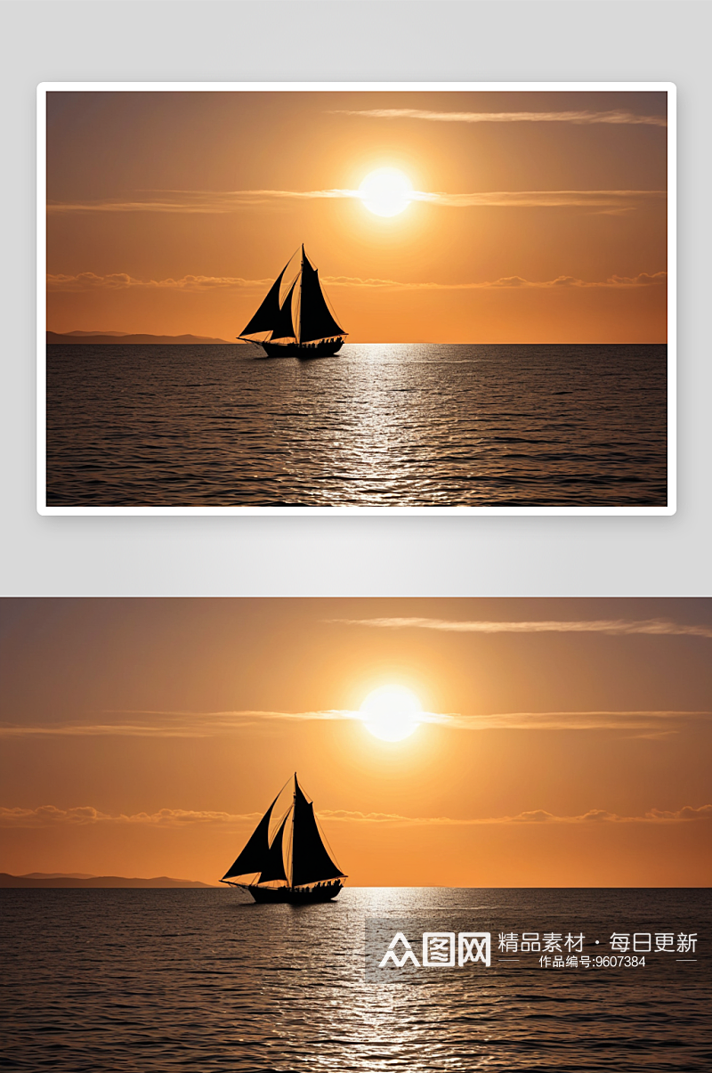 夕阳下传统木帆船剪影图片素材