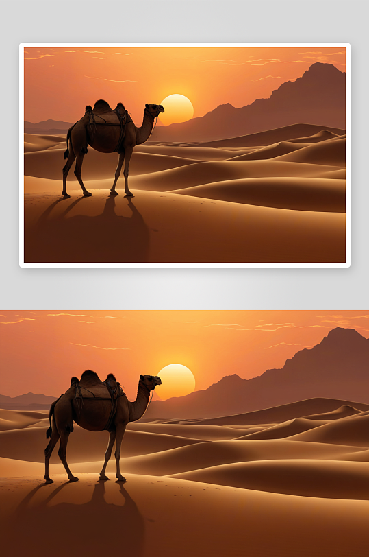 沙漠骆驼夕阳风光图片