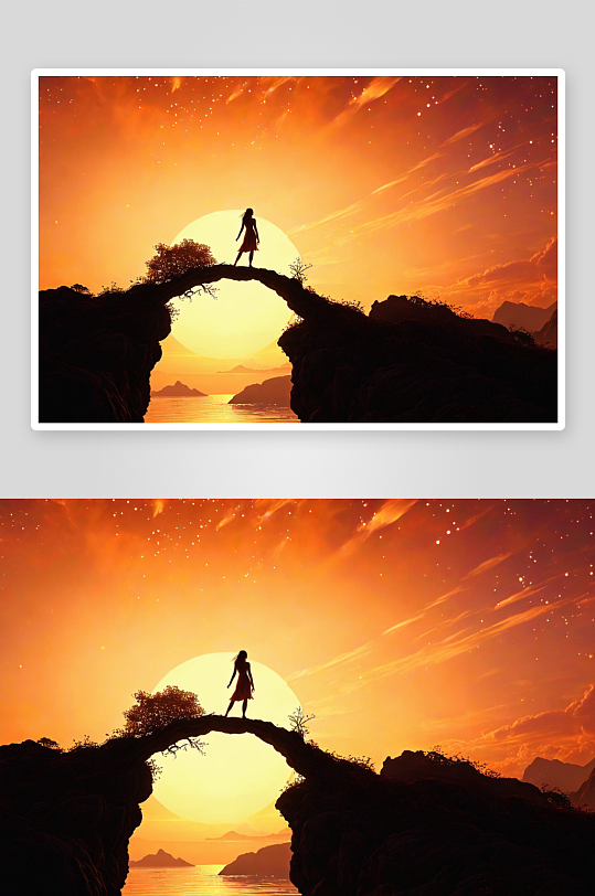 剪影夕阳钥匙桥孤独背包旅行者图片