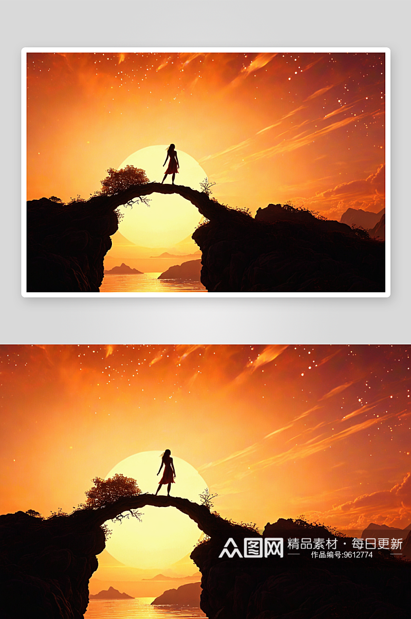 剪影夕阳钥匙桥孤独背包旅行者图片素材
