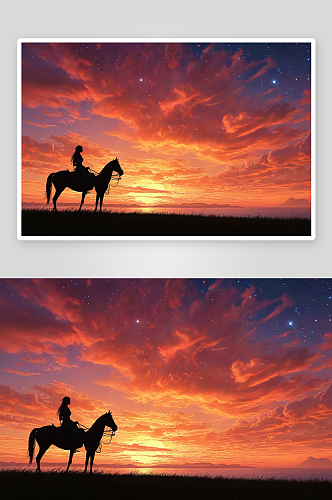 沙漠中夕阳西下骑马人剪影图片