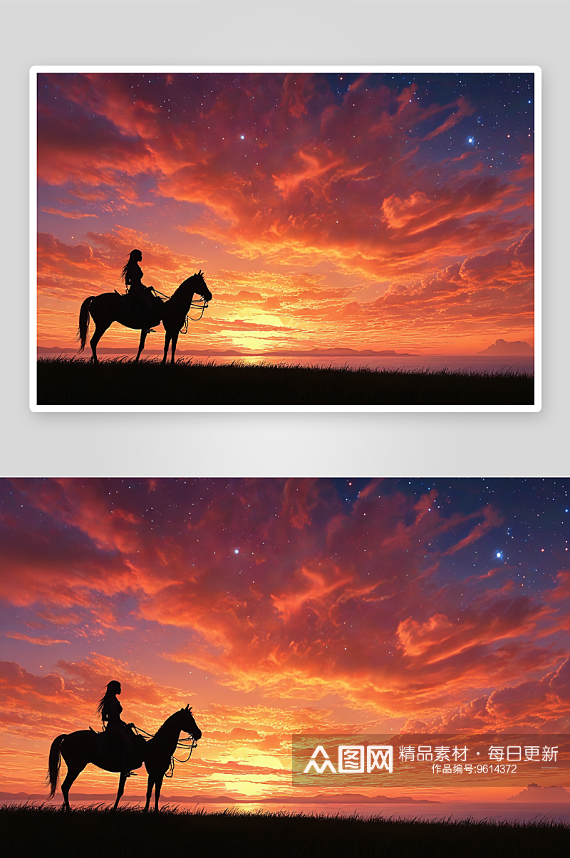 沙漠中夕阳西下骑马人剪影图片素材