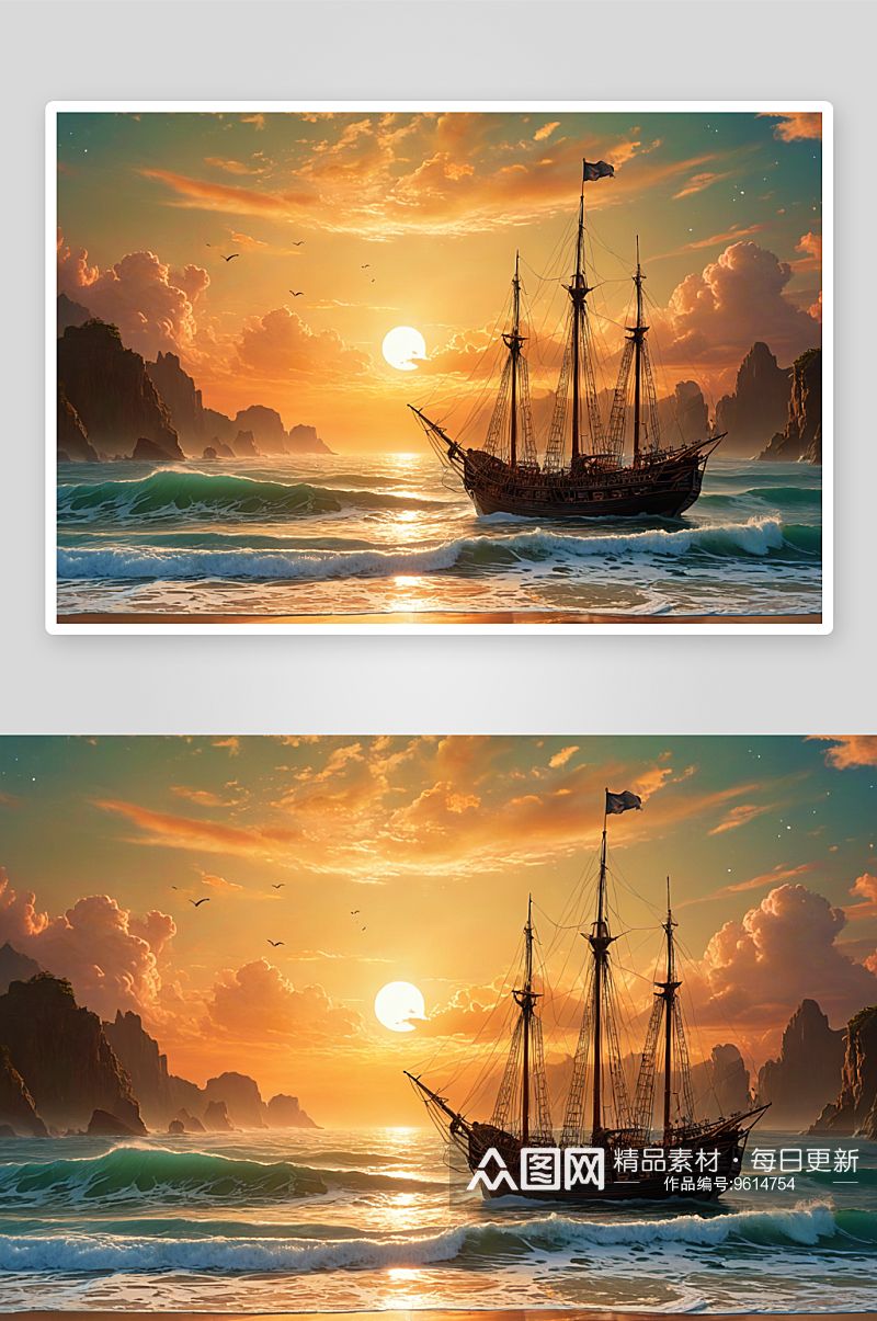 日落时海帆船剪影图片素材