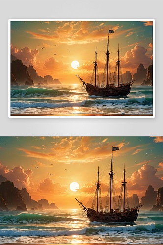 日落时海帆船剪影图片