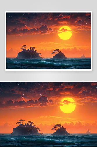 日落时海帆船剪影对着天空高清特写图片