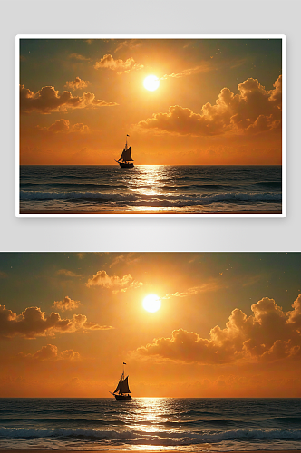 日落时分传统木制独桅帆船剪影图片