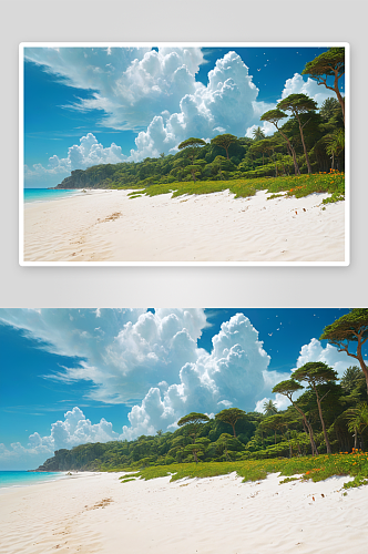 热带幽静沙滩有椰子树蓝天白云图片