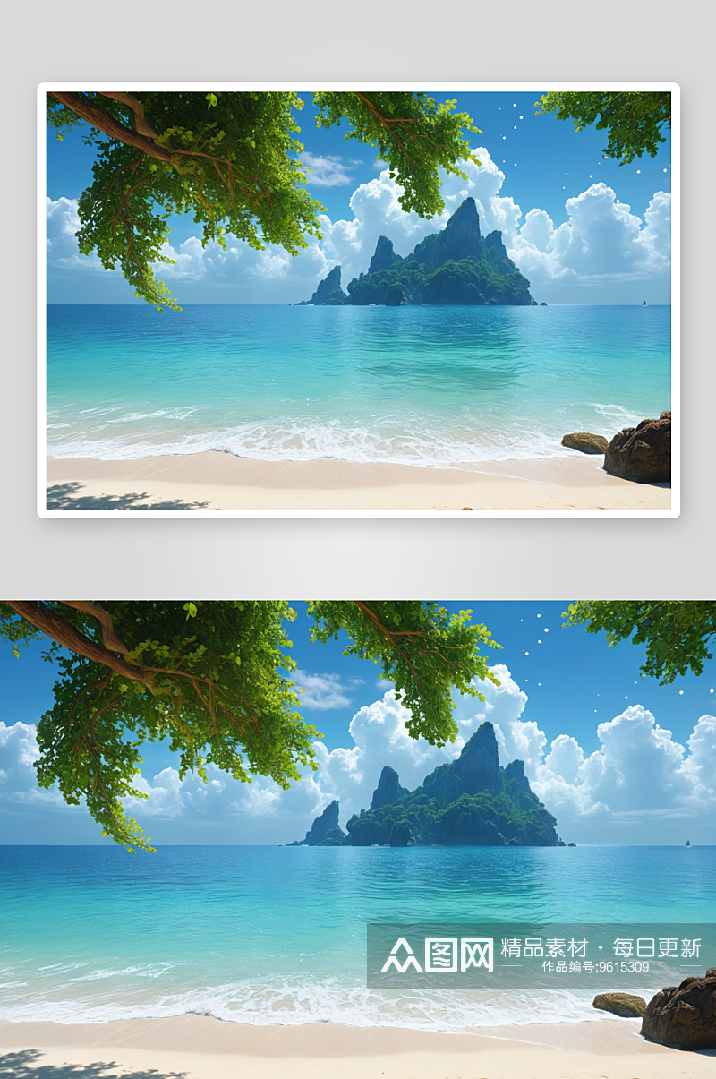 热带海滩绿色树叶蓝绿色大海图片素材
