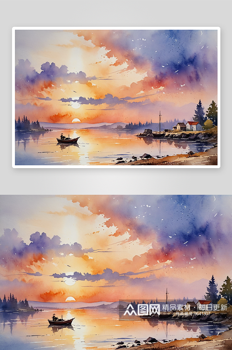 日落时天空映衬下海帆船剪影高清特写图片素材