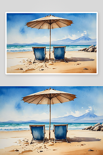 阳光明媚海滩蓝色日光浴床雨伞图片