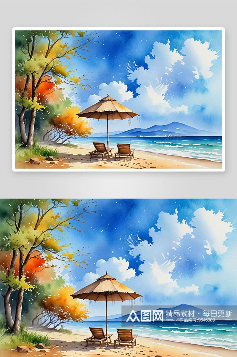 热带海滩椰子树躺椅雨伞图片素材