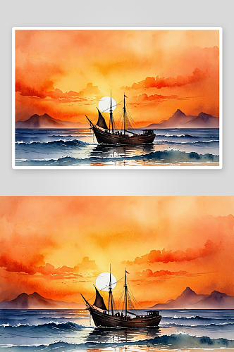船海剪影映衬着橙色天空图片