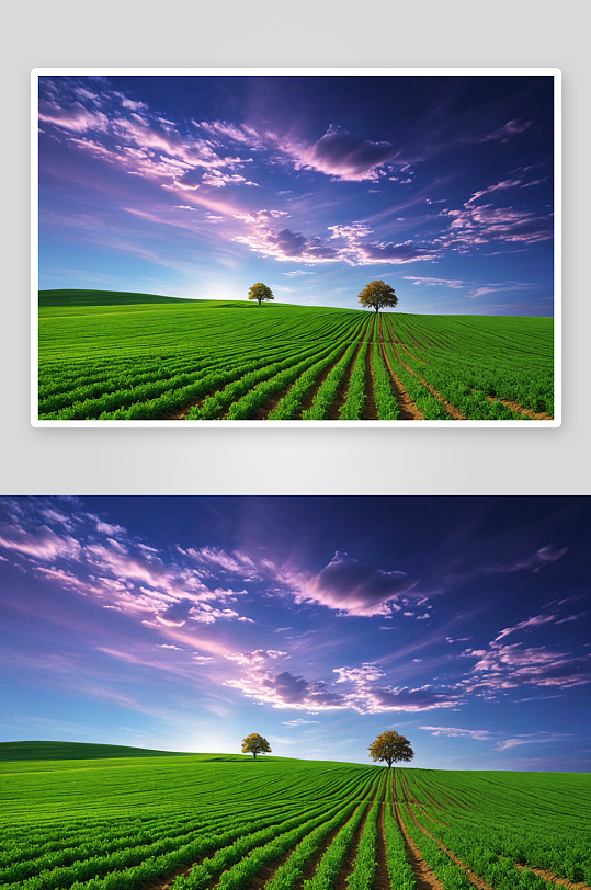 小树天空衬托着农田风景图片