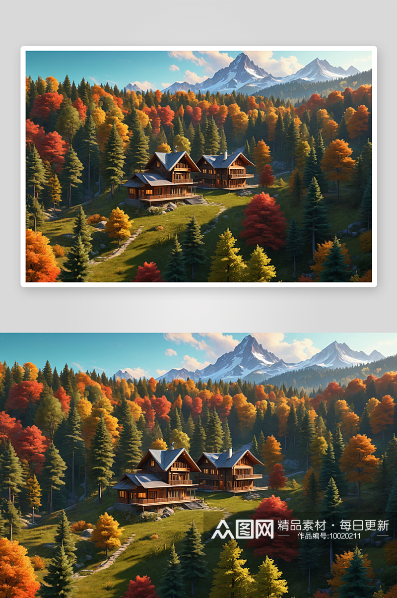 山顶森林旁小木屋图片素材