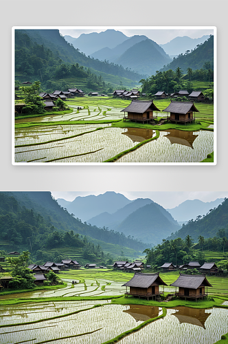 山部落村雨季稻田山地部落小屋风景图片