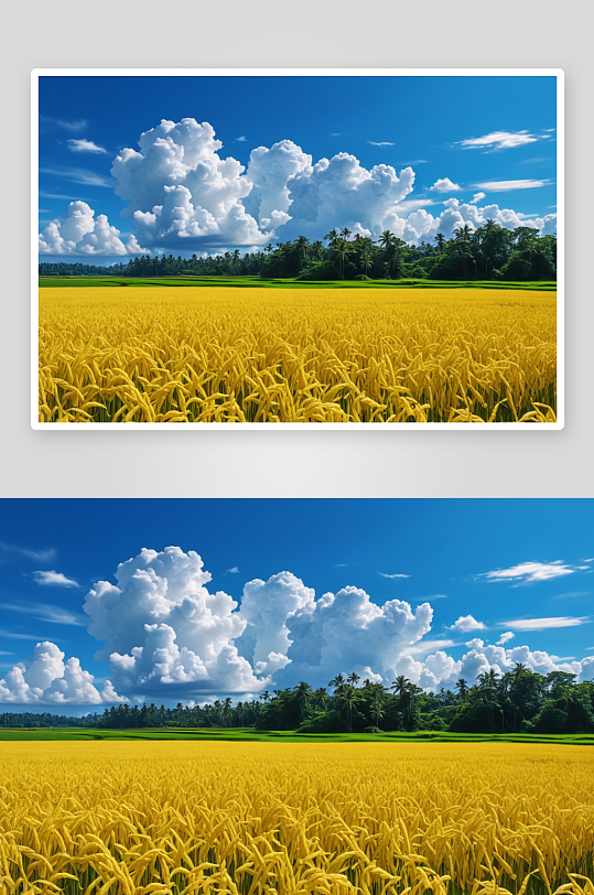 蓝天白云下水稻图片