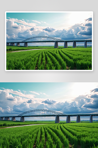 蓝天白云下绿色麦田高铁桥图片