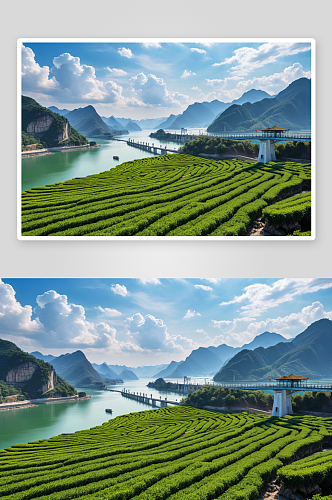 蓝天白云三峡大坝茶园相映成景图片