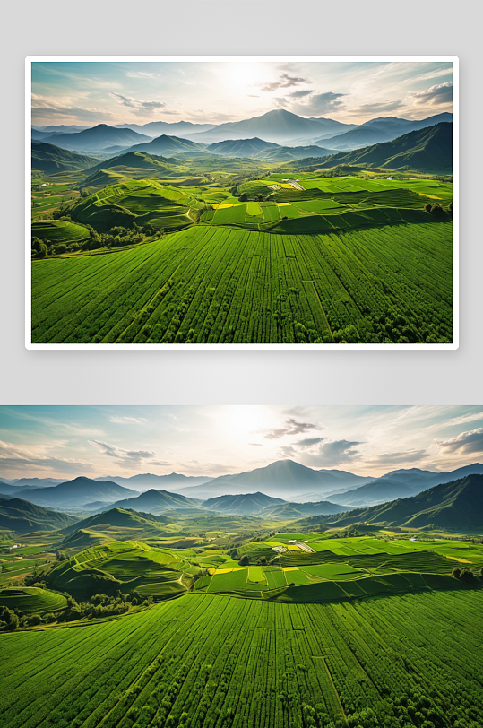 空中农业景观绿色作物对山天空图片