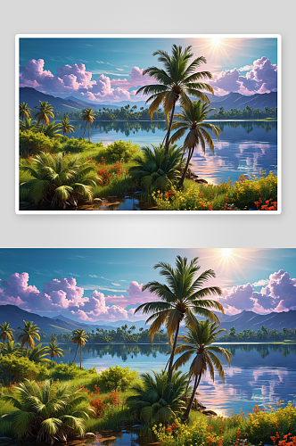 湖风景如画棕榈树映衬着天空图片