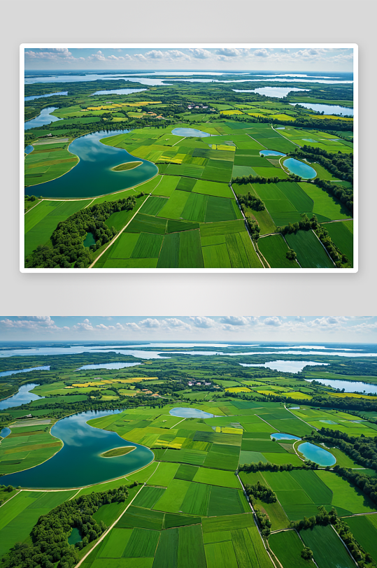 湖边绿色田野鸟瞰图图片