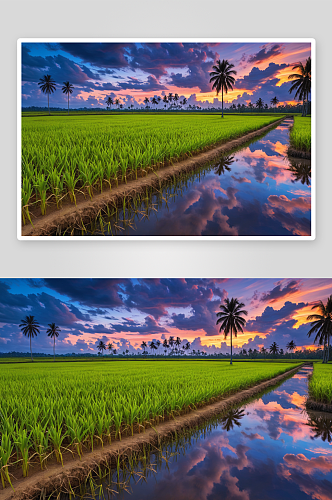风景下天空日落时越过稻田糖棕榈树图片