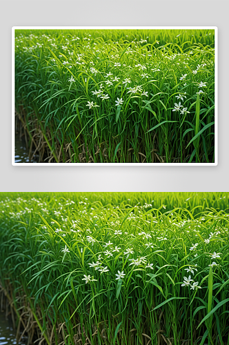 稻田里长满绿叶茉莉花米种子图片