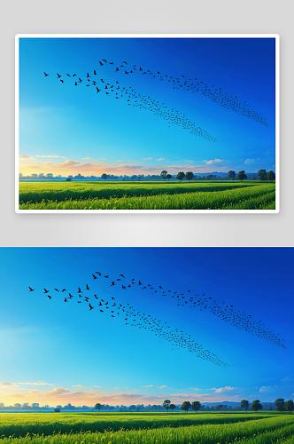 鸟儿天空中飞翔蓝天映衬着田野景色图片
