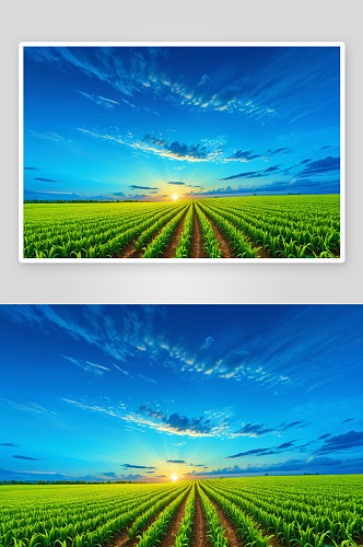 美丽绿色玉米地日落天空背景图片