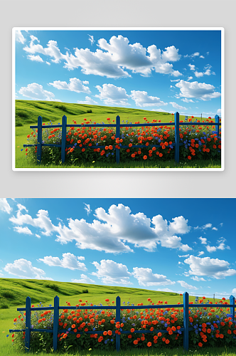 篱笆有鲜花蓝天图片