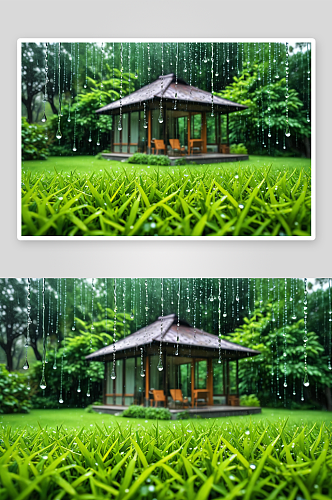 水滴落绿色树林房屋草坪背景干净玻璃窗图片