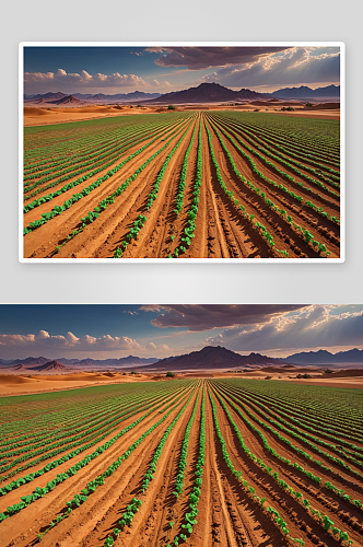 沙漠进行耕作其变成种植作物蔬菜农田图片