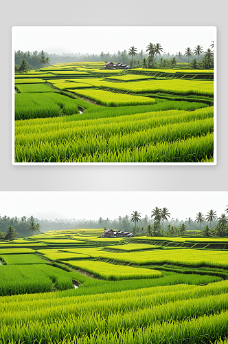 郁郁葱葱稻田里种植着绿色黄色水稻图片