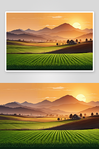 农场灌溉系统山景观背景日落图片