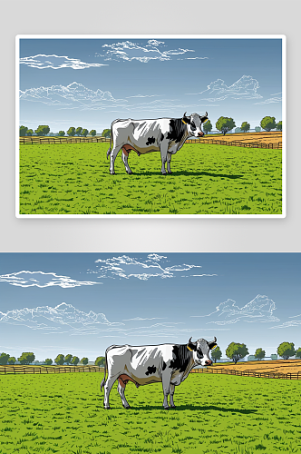 奶牛有围墙田野里吃草图片