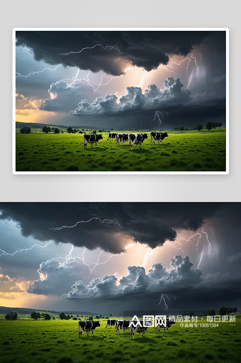 奶牛吃草暴风雨来了图片素材