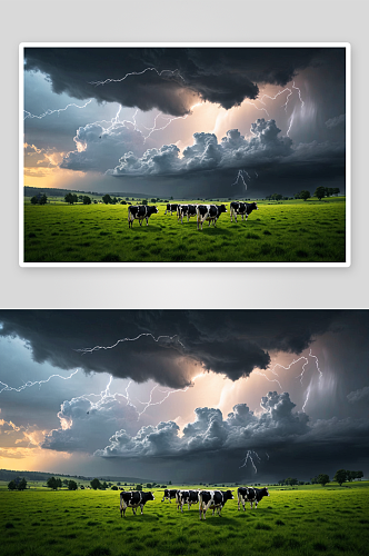 奶牛吃草暴风雨来了图片