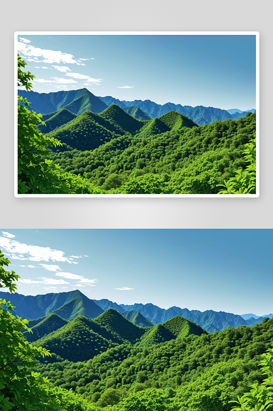 旅游背景绿色树叶山峰蓝天图片