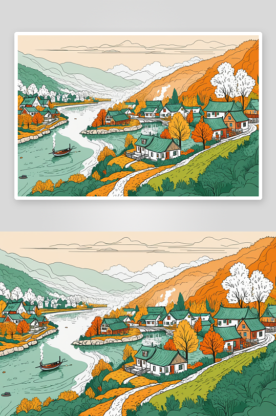 秋天河边村庄被绿树环绕冒烟图片