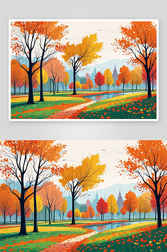 秋天公园里五颜六色树叶远处村庄图片