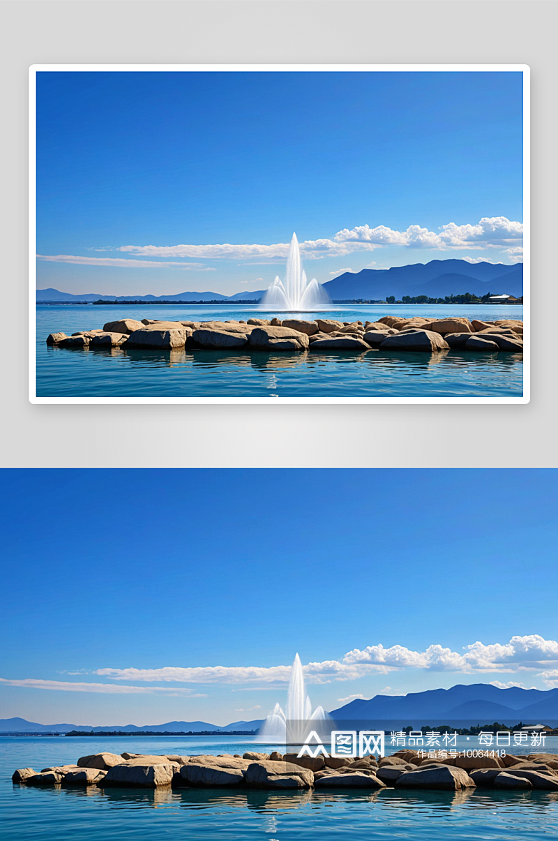 喷泉海滩蓝天湖水风景图片素材
