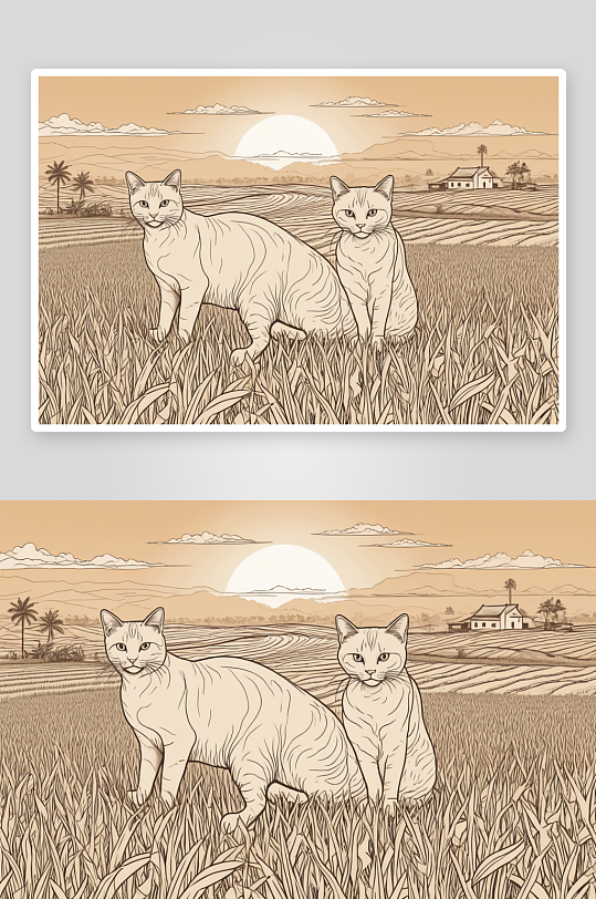 收获后稻田里有两只猫图片