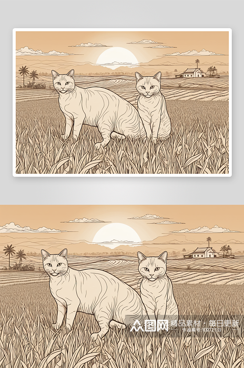 收获后稻田里有两只猫图片素材