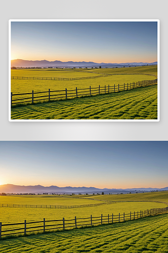 日落时农村空马用围栏放牧牧场图片