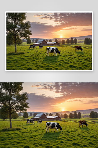 日落时分农舍牧场吃草奶牛图片