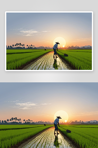 日落前种植水稻图片