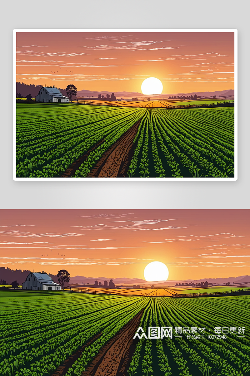 日落背景下农业风景农村场景图片素材